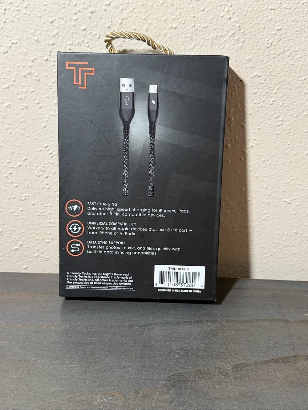 USB to Lightning Charging Cable with Orange Accent for Apple Products NIB